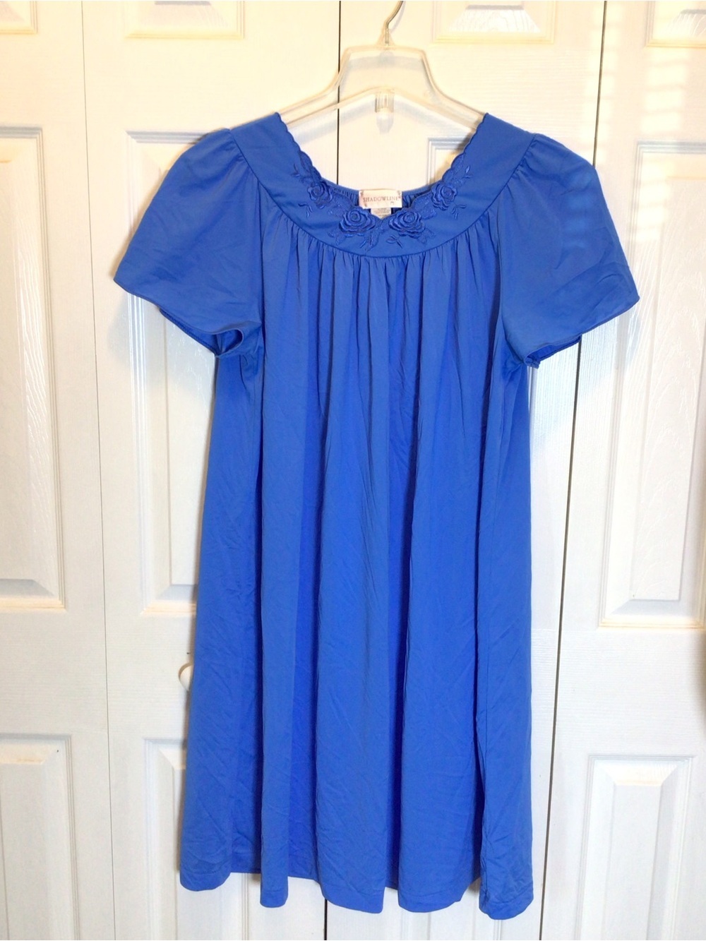 Vintage Shadowline Sapphire Blue Tricot Nylon Nightgown Flutter Sleeve Size L.